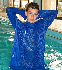 blue cagoule as modest swimwear